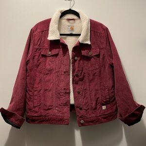 Vintage Carhartt corduroy lined Sherpa jacket in size large, burgundy.